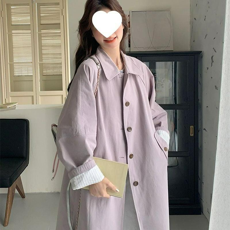 

Light Purple Literary Retro Mid-length Lapel Casual Windbreaker Jacket Spring Casual Simple All-match Coat S фіолетовий