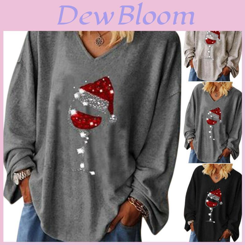Trendige Damen Weihnachten Weinglas V-Ausschnitt Langarm Pullover Bluse Tops