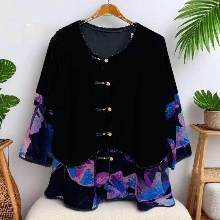 Vintage Women's Velvet Blouse Long Sleeve Slim Fit Printed Velvet Blouse for Spring and Autumn