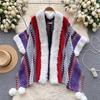 Chic Ethnic Style Color Collision Shawl Sweater Jacket Women Patchwork Soft Warm Hairball Cape Cloak  Knitted Cardigan