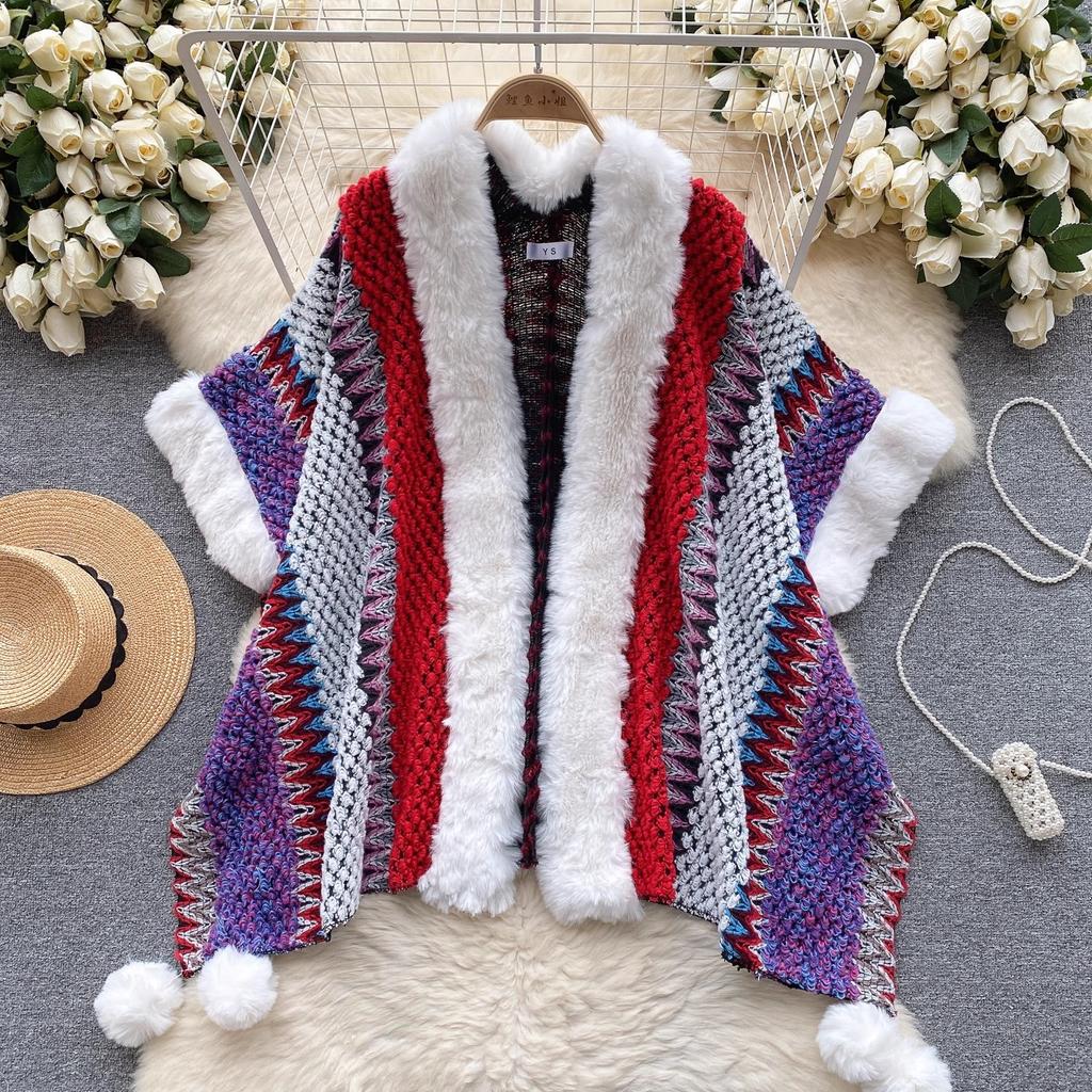 Chic Ethnic Style Color Collision Shawl Sweater Jacket Women Patchwork Soft Warm Hairball Cape Cloak  Knitted Cardigan