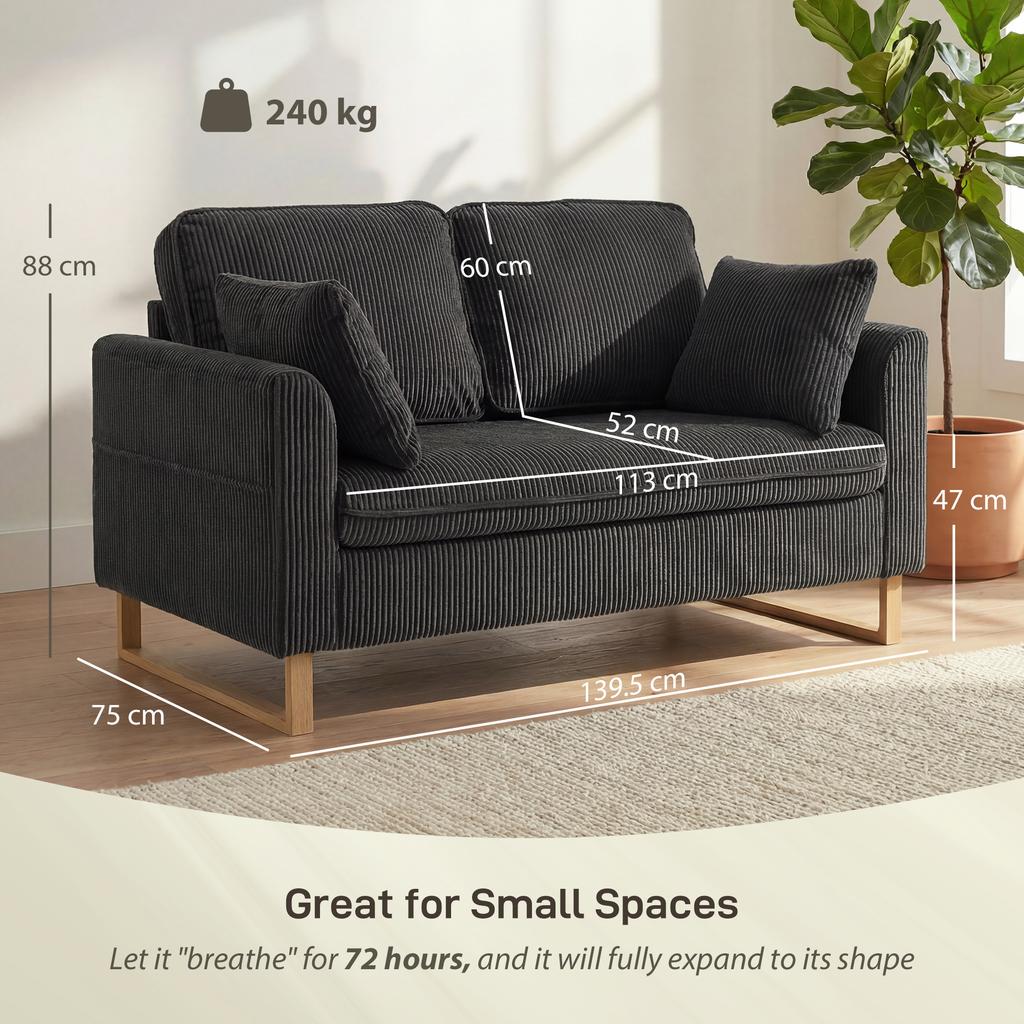 2 Seater Sofa, 140 Cm Loveseat Sofa with Spring Cushions, Metal Legs, 2 Pillows, Dark Grey