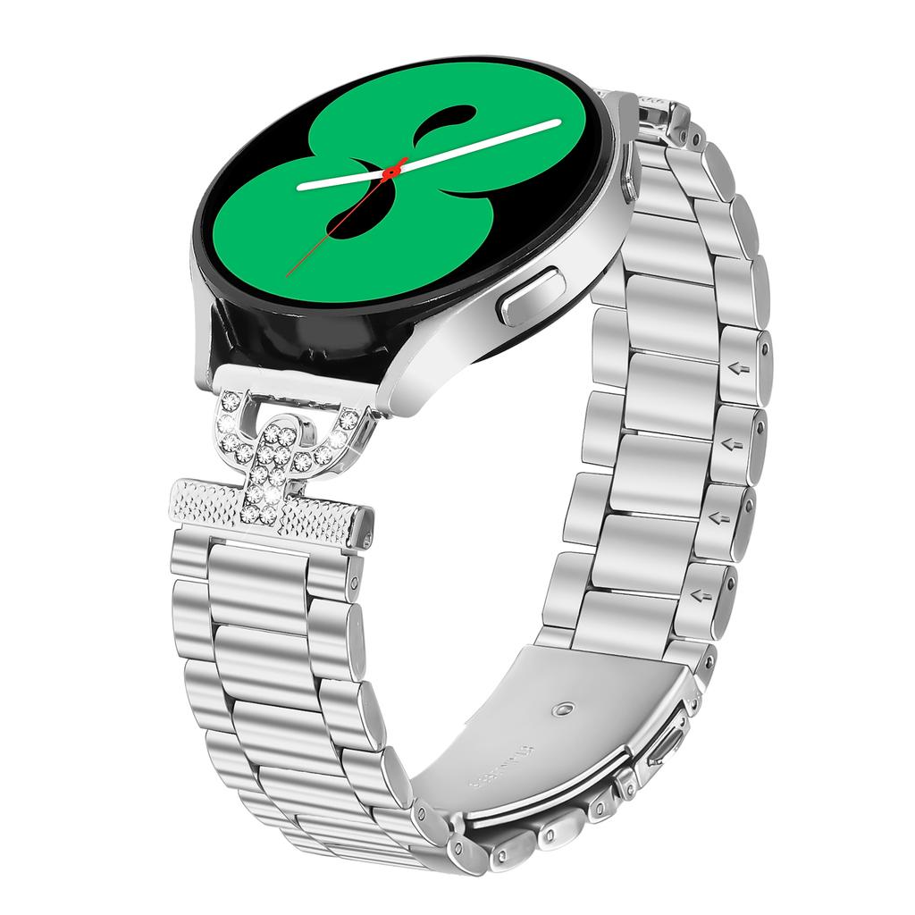 Watch Strap for Samsung Galaxy Watch4 40mm/44mm Silver Metal Band D-Shape Rhinestones Decor 3-Bead