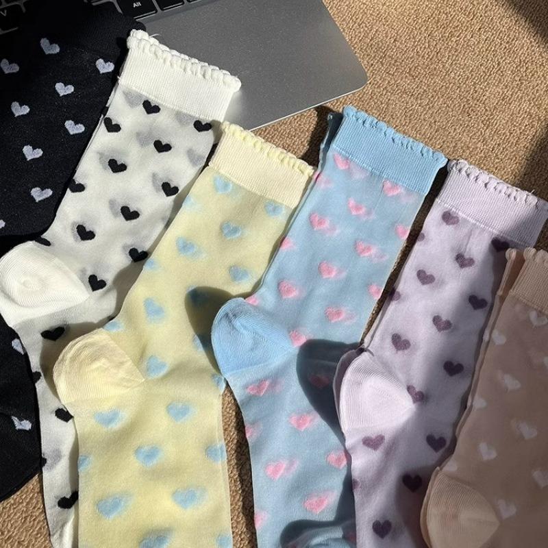 Ladies Spring and Summer Thin Love Crystal Silk Auricle Lace Breathable Cylinder Stack Socks
