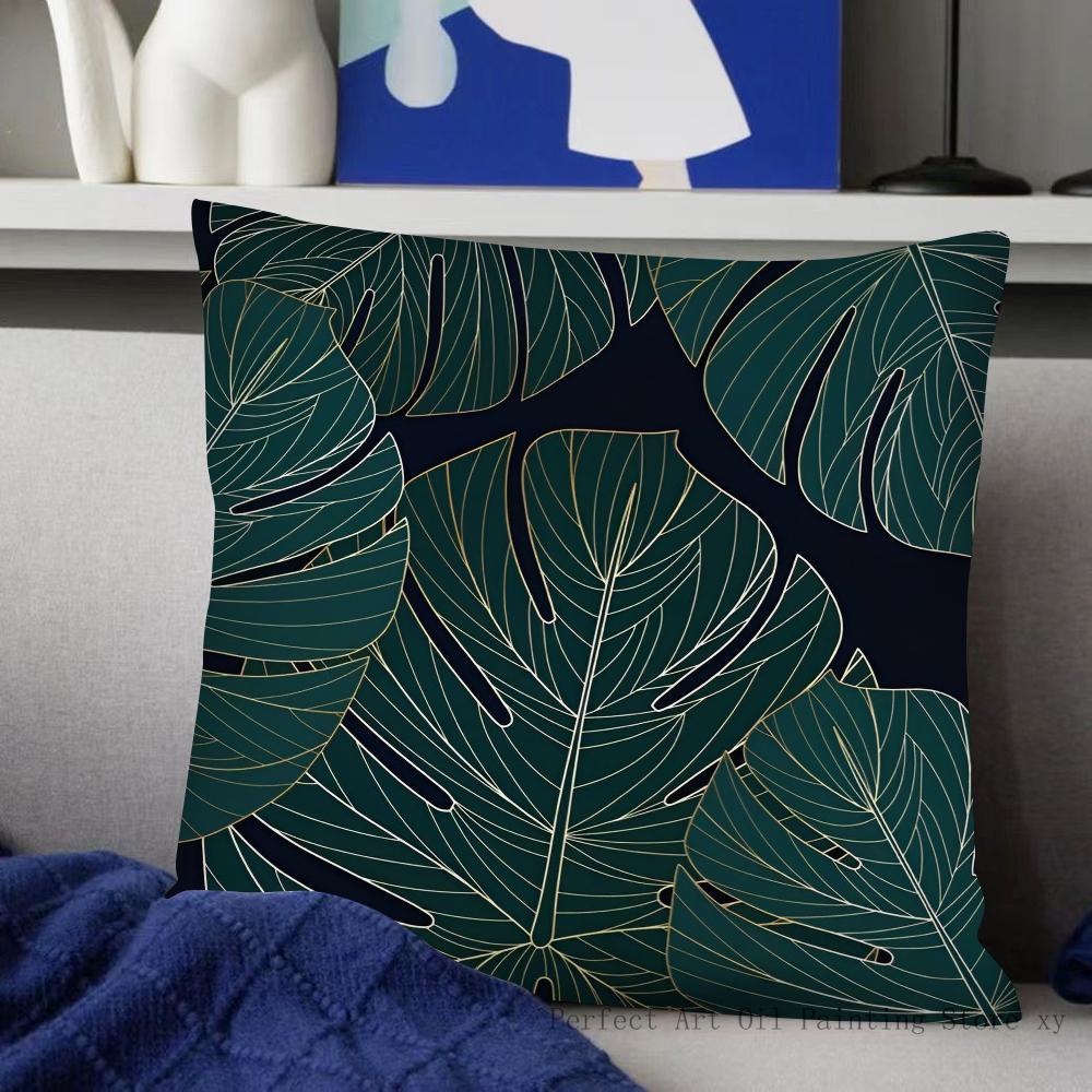 Grüne Blätter mit goldenen Rändern Kissenbezug Mode Quadratischer Kissenbezug Schlafzimmer Sofa Zimmer Innendekoration Freizeit Kissenbezug 40x40