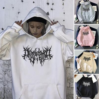 Fall Winter Unisex Hoodie Drawstring Elastic Cuff Thorn Print Thick Fleece Patch Pocket Loose Long Sleeves Pullover Warm Top
