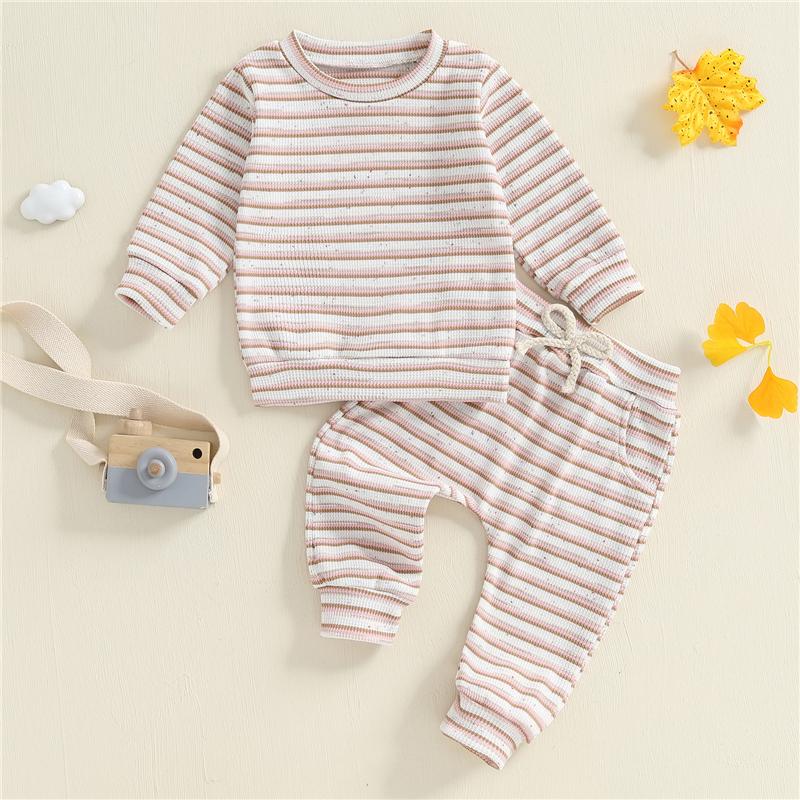Toddler Baby Boys Girls Fall Waffled Clothes Stripe Long Sleeve Round Neck Pullover Elastic Waist Long Pants 2Pcs Outfit