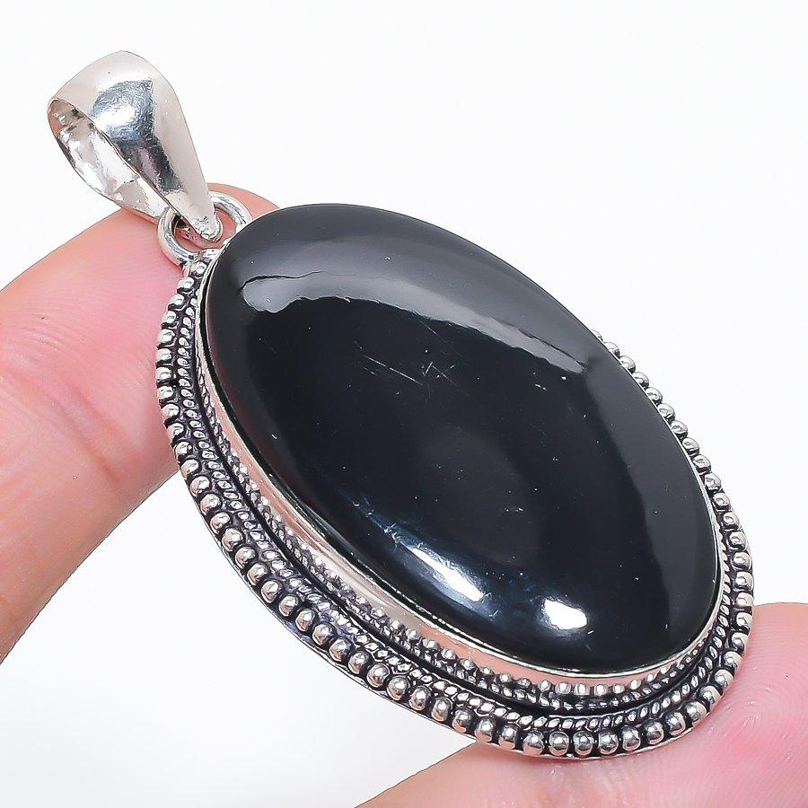 Black Onyx Gemstone 925 Sterling Silver Jewelry Pendant 2.48"