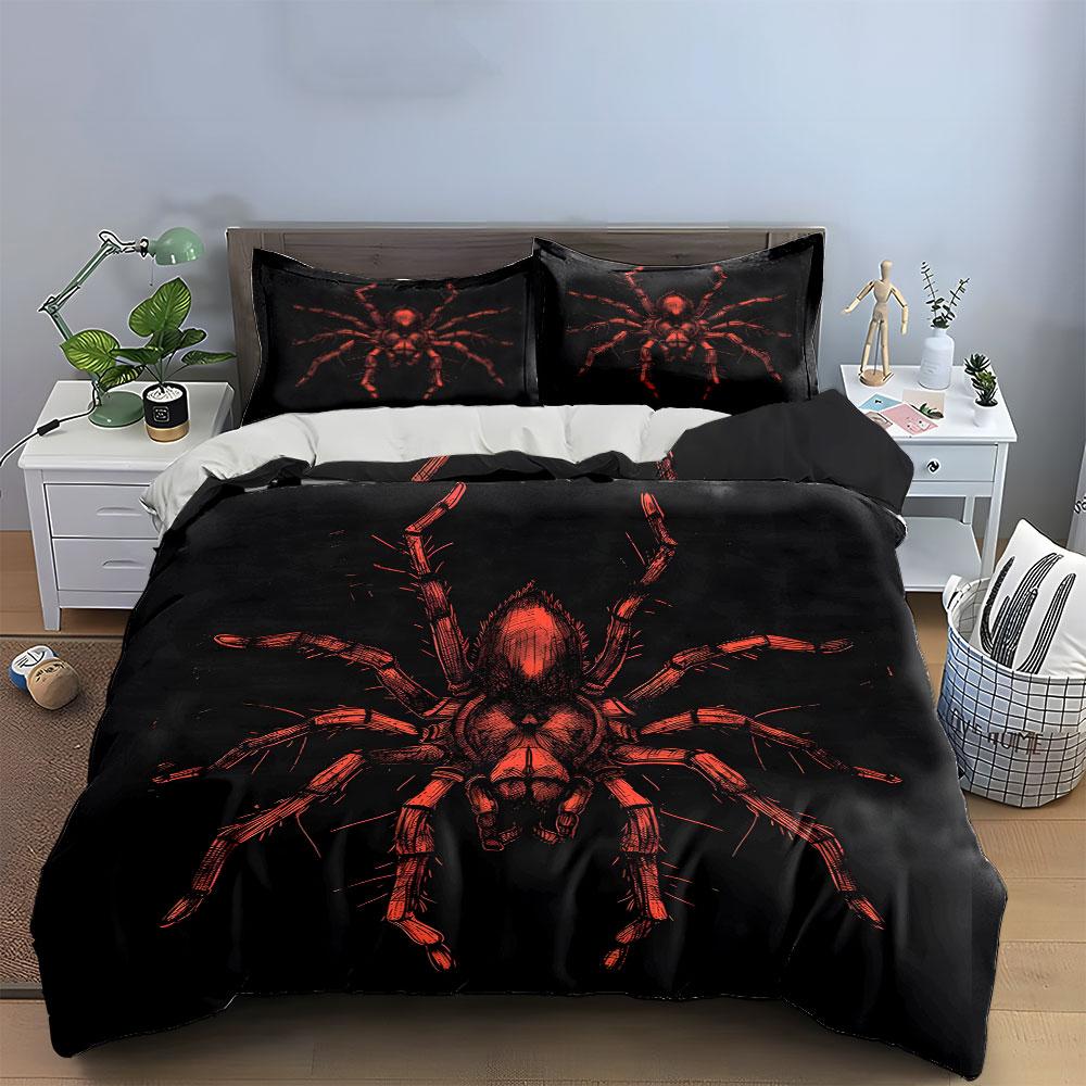 Red Spider On Black Background Bedding Duvet Cover Set (1*Duvet Cover 2*Pillowcases, Without Duvet Insert)