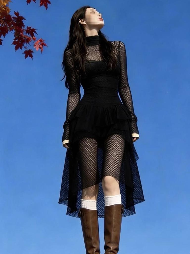 Klassisches Strickgewebe Schwarzes Netz-Taillenkleid Mit Langem Ärmel Für Frühling 2025