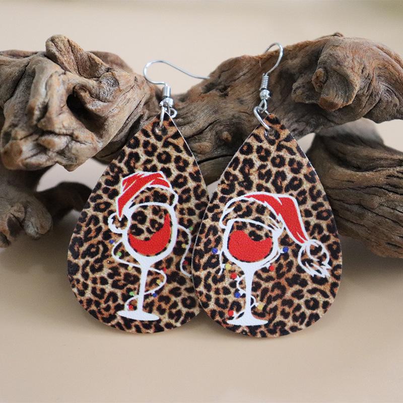 European & American Christmas Series Red Wine Glass Leopard Print Leather Earrings, Double-Sided Print