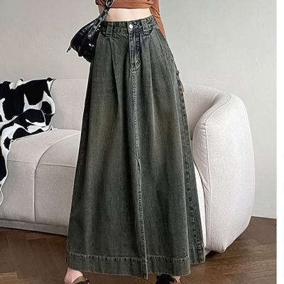Retro High-waisted Slit Denim Skirt for Women In Spring and Autumn New Loose Slim Mid-length Skirt