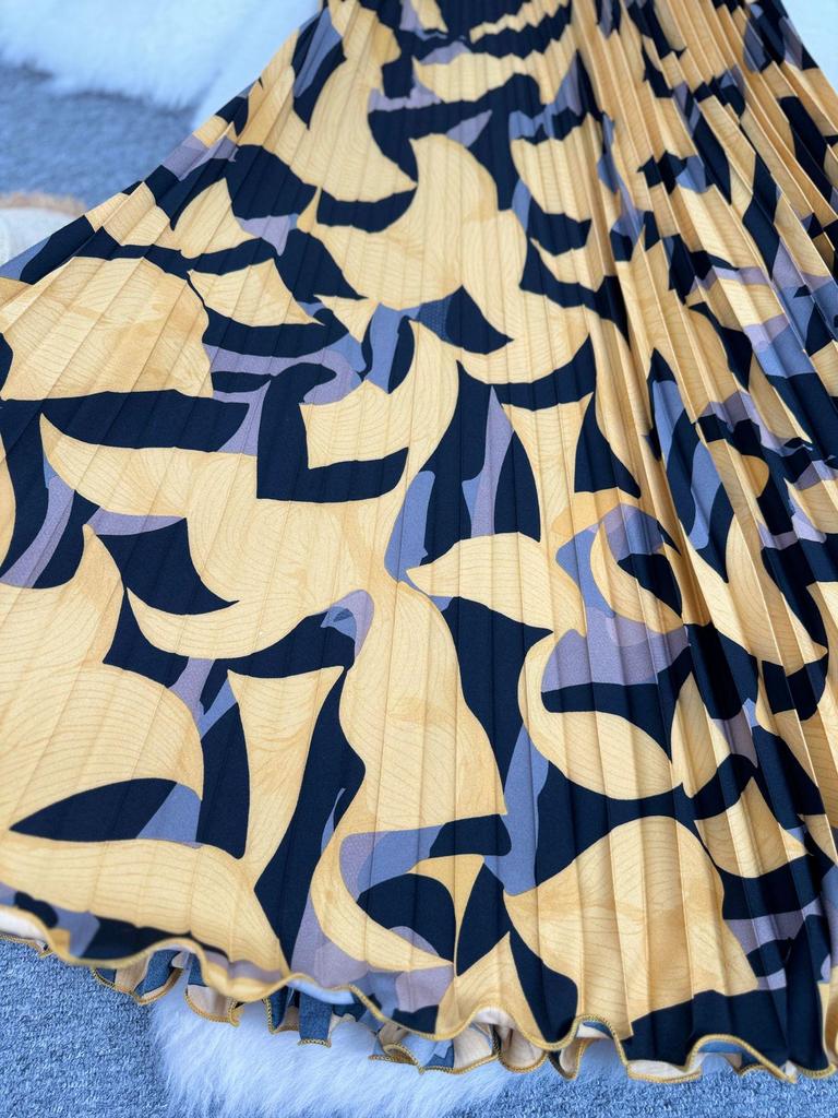 European & American Printed Pleated A-line Midi Skirt for Women - High-waisted, Versatile & Slimming