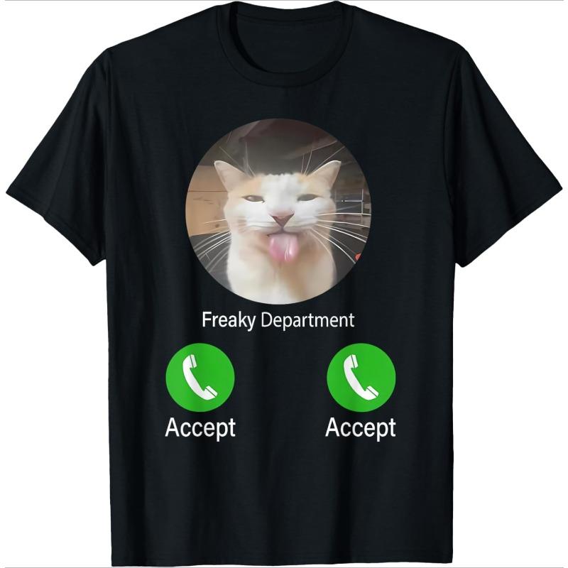 

Funny Cat Meme Black T-Shirt Call Buttons Tongue Out Cat Print Casual Versatile Short-Sleeved Basic Crew Neck Top Y2K S чёрный