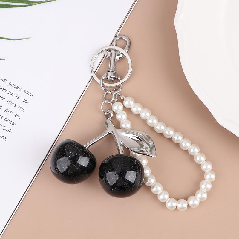 

Chic Black/Red Cherry Keychain With Sparkling Resin Pendant , Women S Bag Decoration Charm Key Chain Diy Accessories