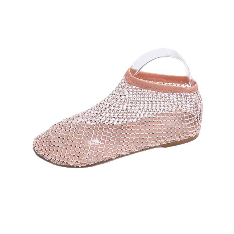 Round head beach sandals women wear hollowed rhinestone one pedal breathable mesh sandals women's low-top cool boots women