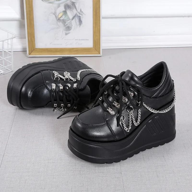 Fashion Punk Style Thick Heel Women's Single Shoes Leather Material Increased Height 9cm Large round Head High Heel Summer Shoes