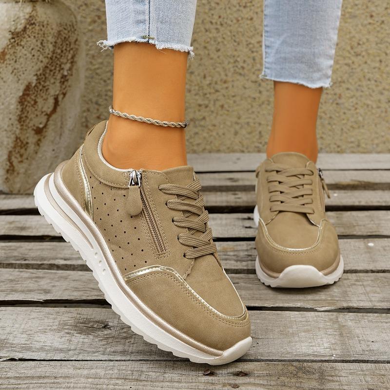 Women's Wide Width Round Toe Lace-Up Sneakers - Two-Tone Color Block Casual Flats for Fall, Fashion Breathable Walking Shoes