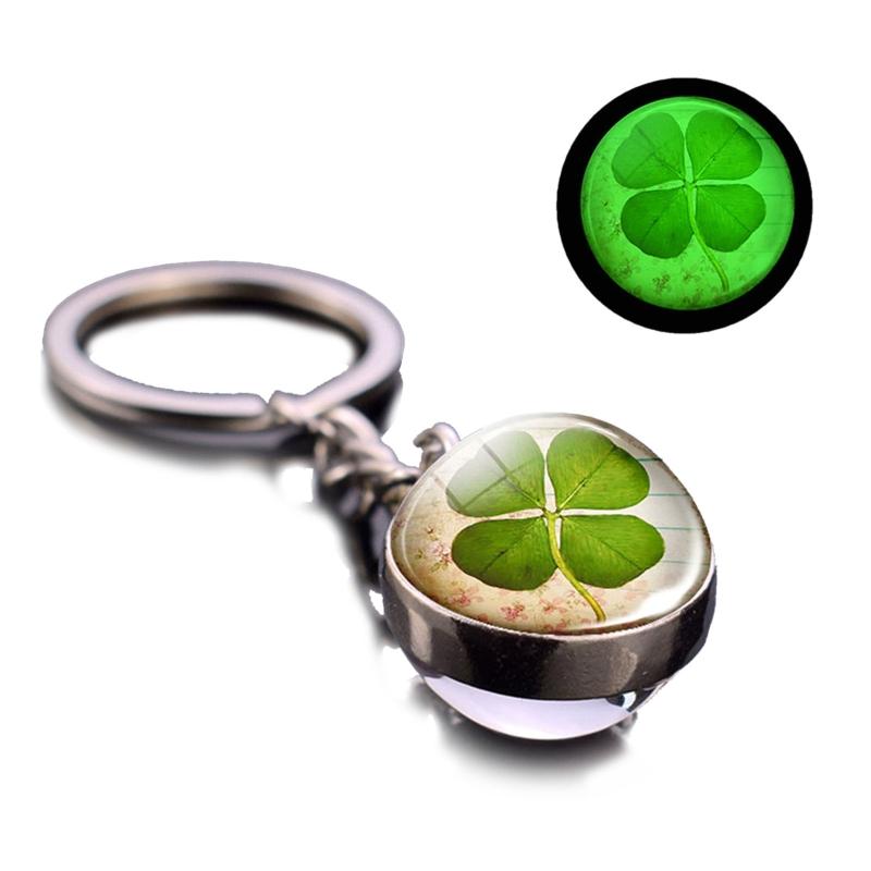 Clover Keychain Luminescent Four Leaf Clover Glass Ball Double Side Metal Pendant Keychain Lucky Jewelry Gift