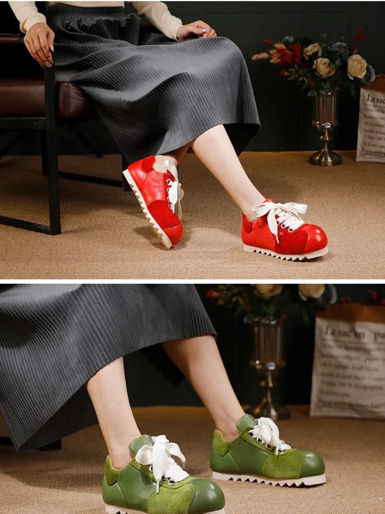 Johnature Genuine Leather Women's Shoes Casual Sports Lace-up Round Toe Versatile Flat Shoes