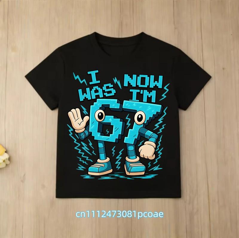 summer short sleeve, cartoon print 2026 personalized digital 67 T-shirt for boys and girls, family style, casual top