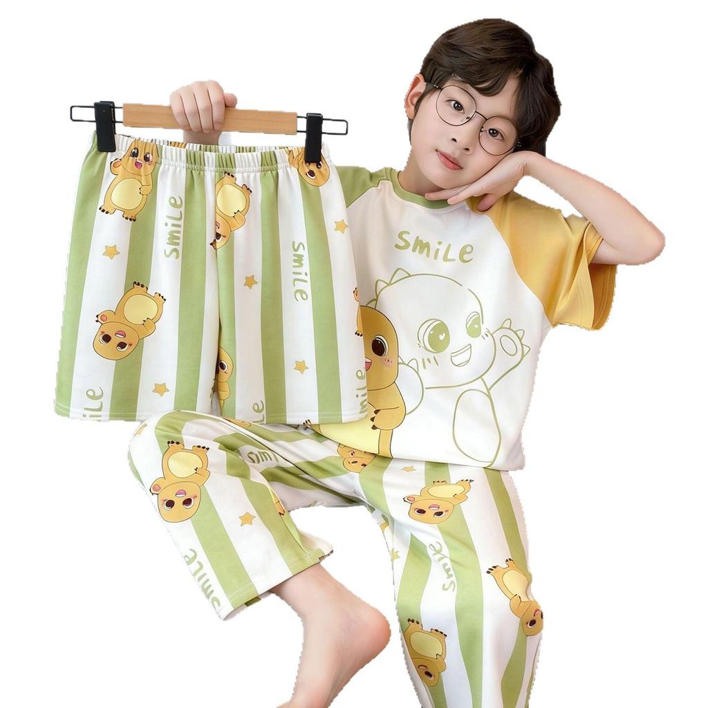 Children's Summer Pajama Set: 3-Piece Short-Sleeve Top, Long Pants, Boys' Medium & Large Air Conditioning Suit