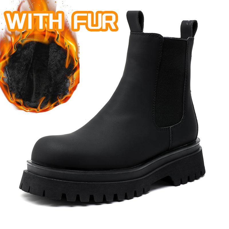 

Новое поступление Кожаные мужские ботинки челси Толстая подошва Круглый носок Короткие ботинки Зимняя обувь Ботас Теплые плюшевые Снежные ботинки Обувь с высоким верхом 44