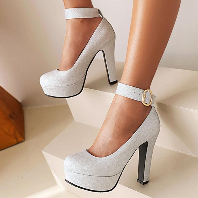 Platform Women's High Heels Pumps Shoes Luxury Sequined Gold Silver Black Block Heeled Party Wedding Shoes Female Large Size