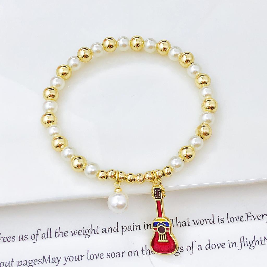 Hot Selling Pearl Chain Violin Round Heart-Shaped Venezuela Flag Stretch Bracelet: Luxury for Women Party Patriotic Jewelry Gift