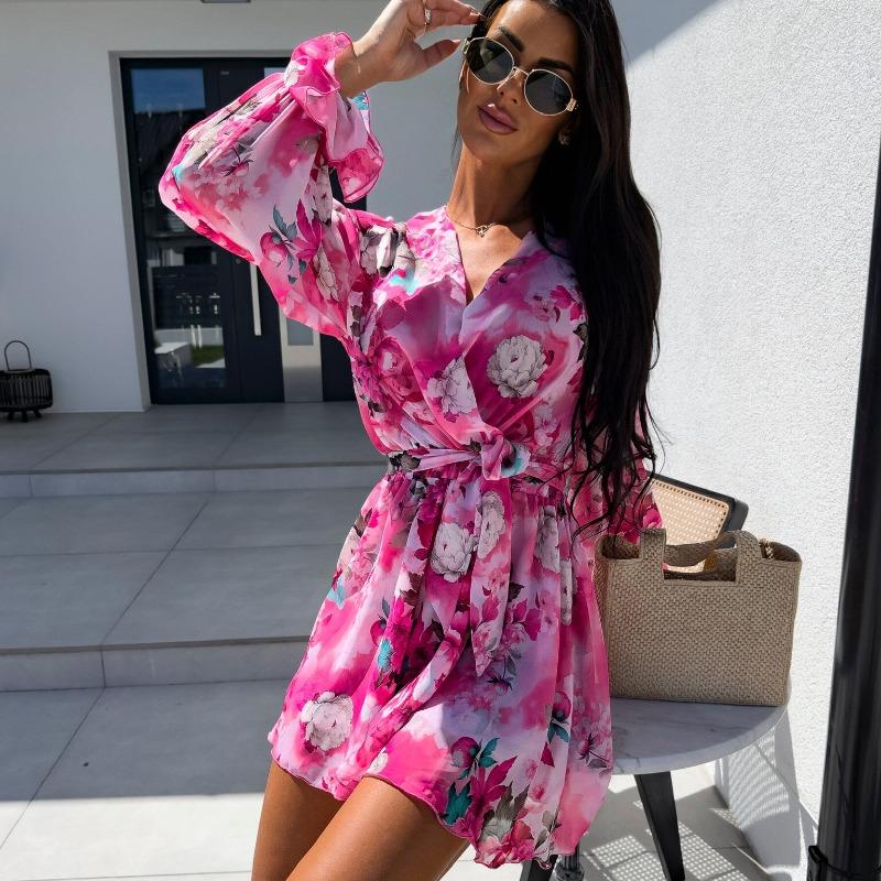 

Новые модные винтажные комбинезоны с пышными рукавами и цветочным принтом, женские элегантные облегающие повседневные женские комбинезоны с V-образным вырезом и шнуровкой, летние боди для офисных леди 26160 S красный