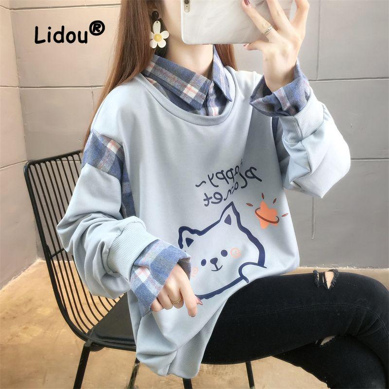 

Autumn Fashion Two Fake Pieces Printing Letter Sweatshirts Women New Long Sleeve Personality Design Polo Collar All-match Top XXL абрикосовий