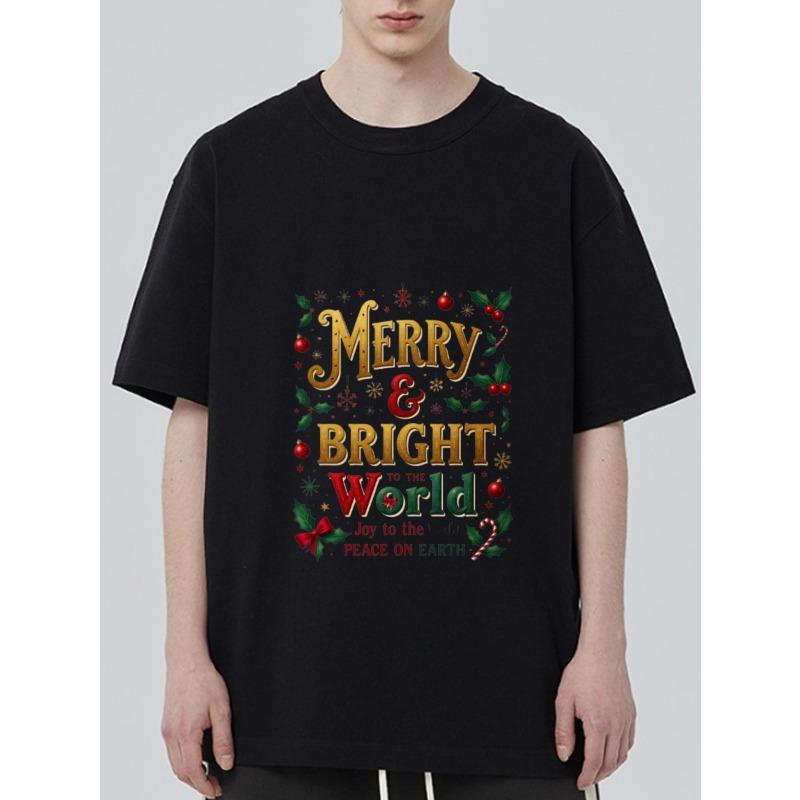 Merry and Bright World Christmas T-Shirt Black Holiday Text and Floral Design for Christmas Celebration