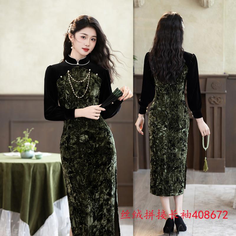 New Chinese velvet splicing improved cheongsam pearl stand-up collar long-sleeved fake two pieces daily wear physical women's clothing
