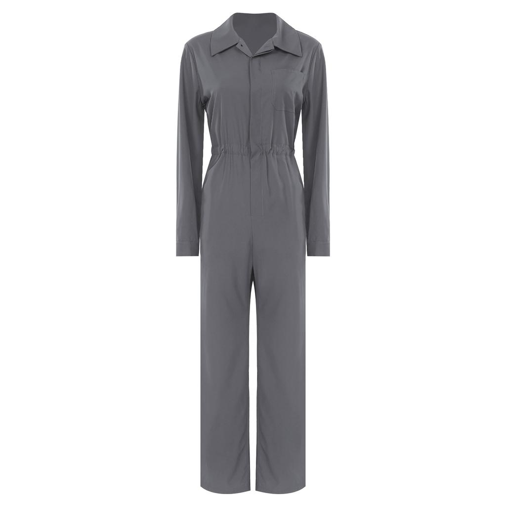 Womens Button Coverall Casual Solid Color Turn Down Collar Long Sleeve Jumpsuit Work Travel Holiday Style