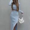 2023 Autumn/Winter Women's Solid Color Knitted Two-Piece Set: Round Neck Top & Long Sleeve Slit Skirt