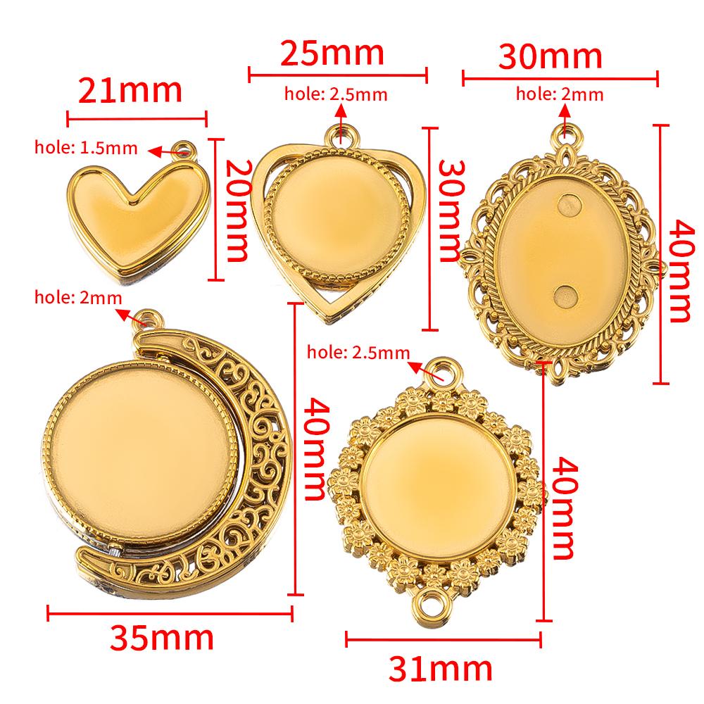 2pcs Stainless Steel Retro Heart Round Charms Blank Tray Base Gold Plated Cabochon Cameo Base Tray Bezel Pendant Jewelry Finding