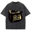 Smart Cat Reading Print T-shirt Men's and Women's Breathable Shirt Water Wash Vintage Fashion Short Sleeve Soft T-shirt