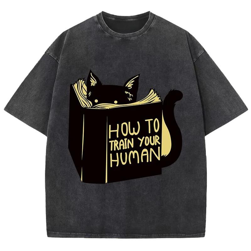 Smart Cat Reading Print T-shirt Men's and Women's Breathable Shirt Water Wash Vintage Fashion Short Sleeve Soft T-shirt