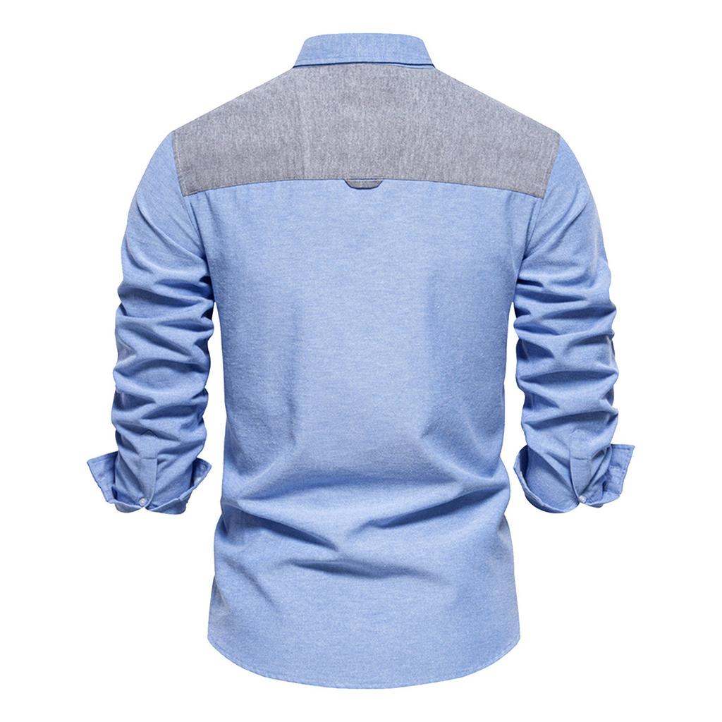 Men's Oxford Textile Shirt Casual Versatile Fashion Color Blocking Long Sleeved Top