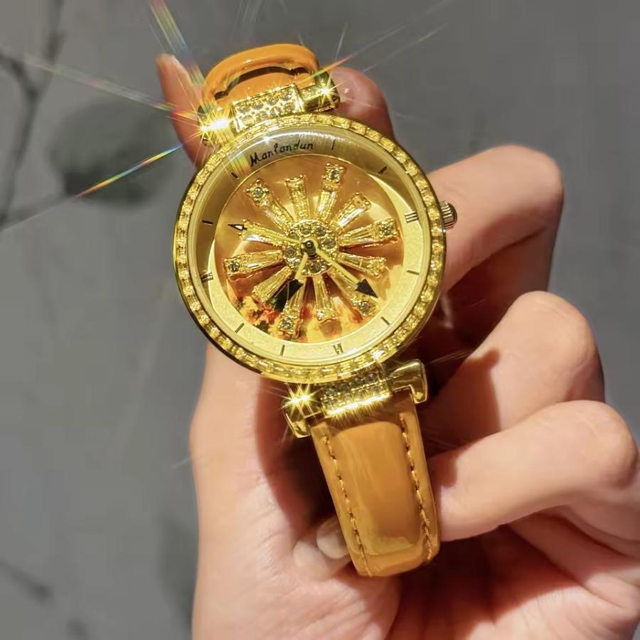 Fashionable Women's Watch With Transparent Back, Diamond Inlaid, Rotating Galaxy Dial, Sunflower Design Waterproof Quartz Watch