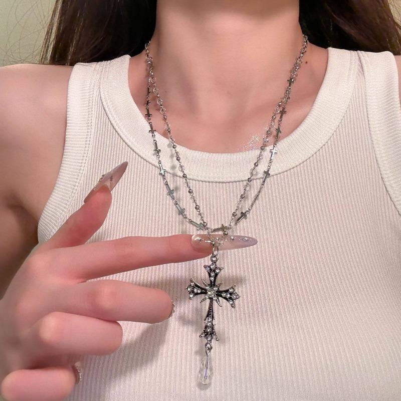 Sweet and cool personality multi-layer stacked beaded cross necklace niche Spice Girl collarbone chain light luxury high-end sweater chain