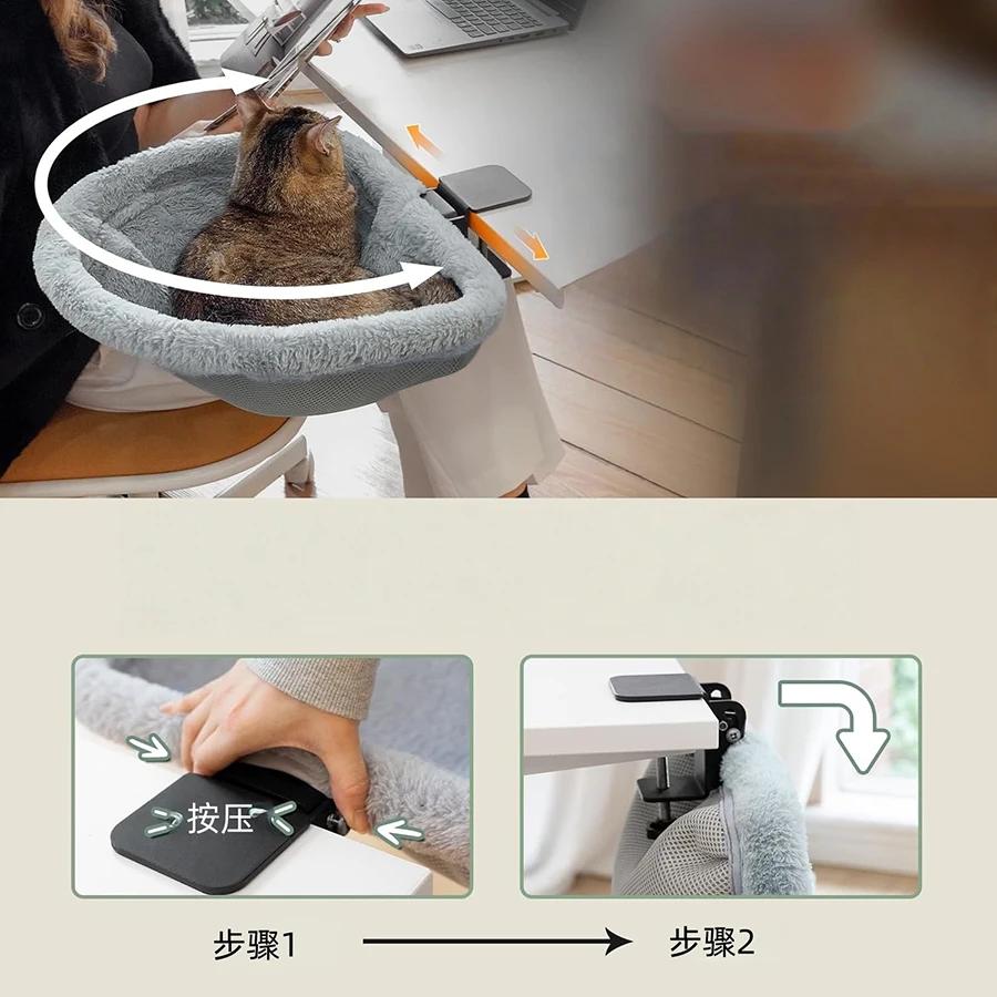 One-Click Folding Semi-Circular Cat Desk Hammock, Space Saving Sunken Design Cat Bed Perch for Indoor Home Office Kitten Rest