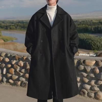 Men's Mid-Length Double-Breasted Wool Coat with Suit Collar