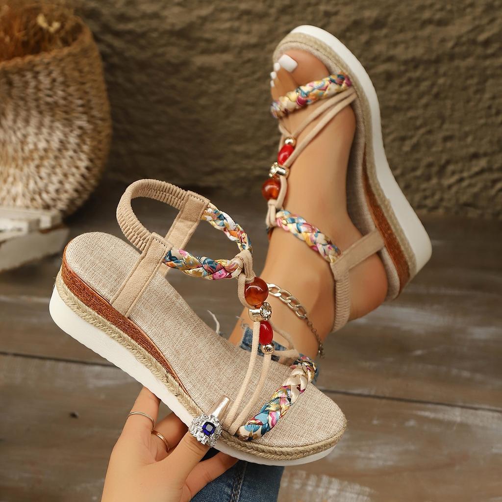 Bohemian Style Hemp Rope Hand Woven Color Blocked Elastic Band Open Toe Beach Shoes with Sloping Heels, Women's Casual and Comfortable Sandals
