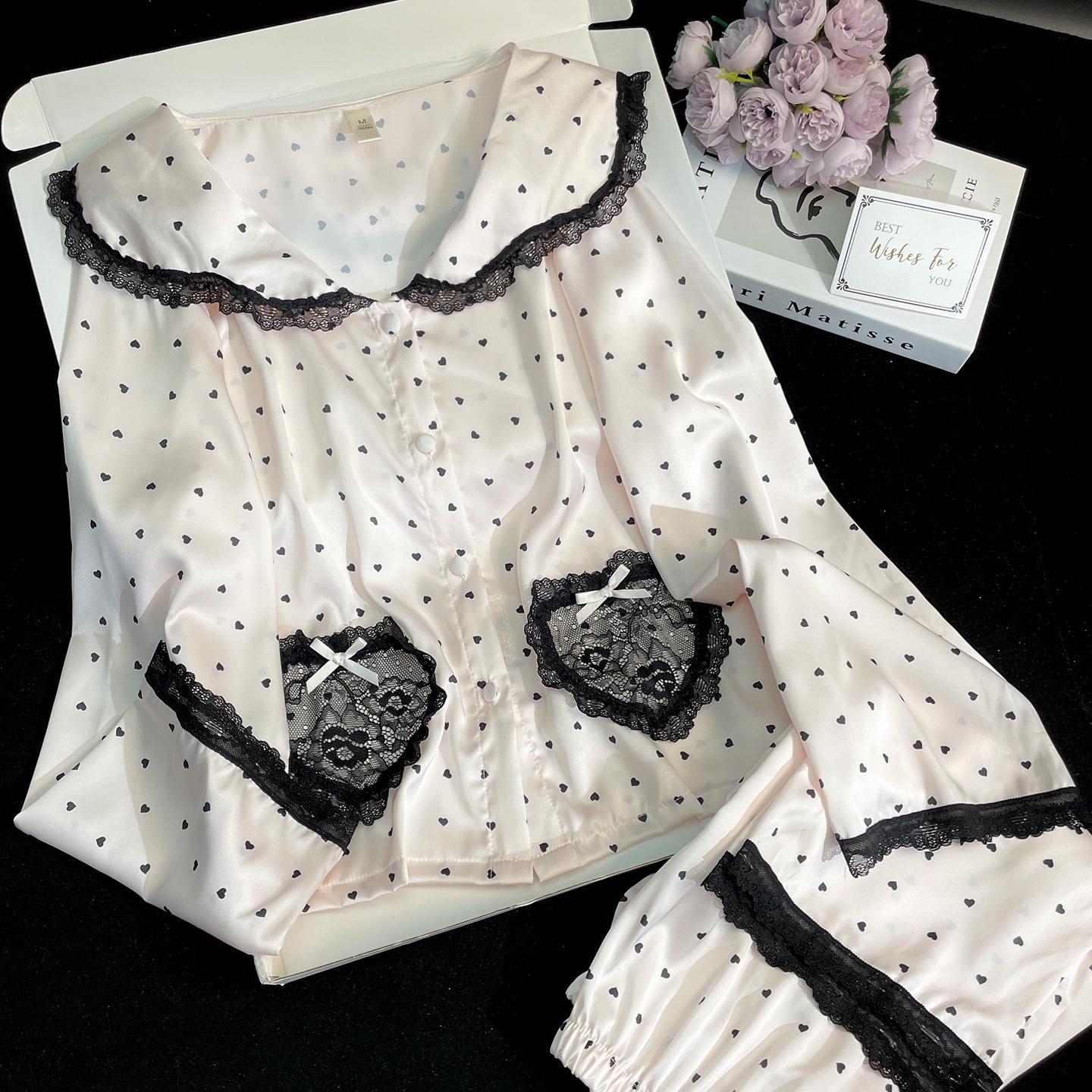 

Heart Lace Bow Spaghetti Strap Ice Silk Pajama Set - 4-Piece Summer Wear for Women L (105-120 lbs)