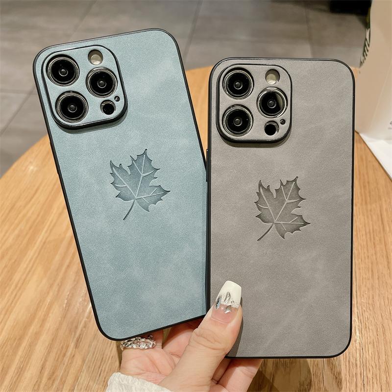 Luxury Matte Soft Suede Leather Maple Leaf Pattern Case For iPhone 15 14 Plus 13 11 12 Pro X XS Max XR Shockproof Silicone Cover