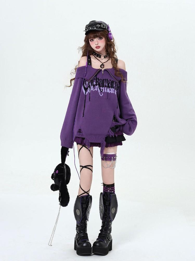 Korean Style Off-Shoulder Punk Sweater with Turn-Down Collar - Women's Autumn/Winter Ripped Knitted Top