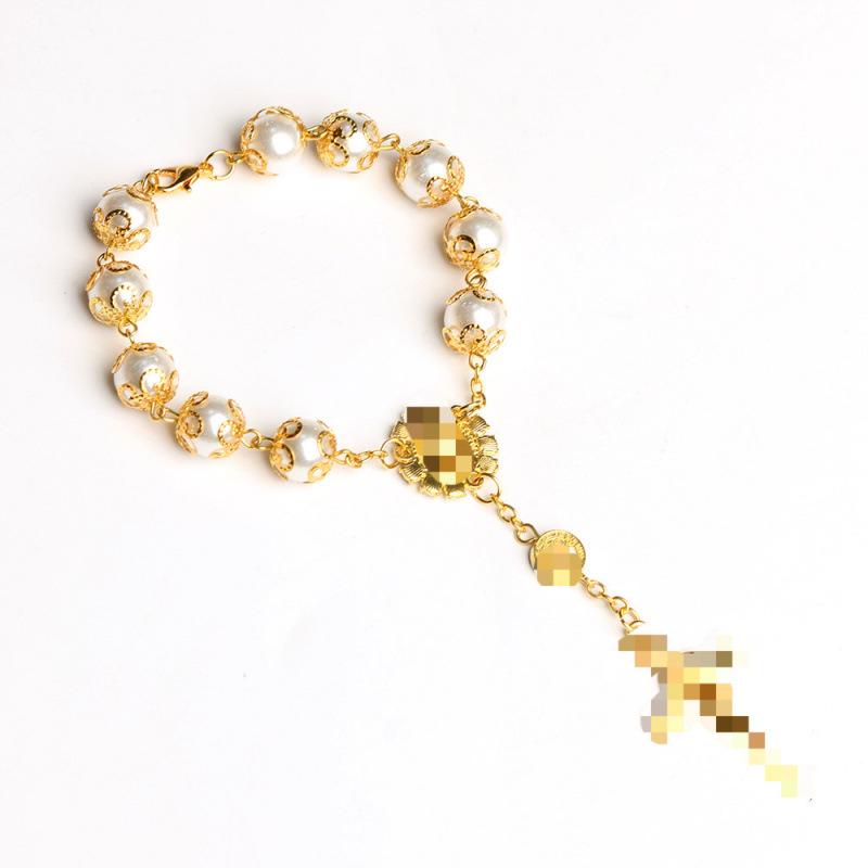 Gold and Silver Glass Faux Pearl Rosary Bracelet with Cross Beads