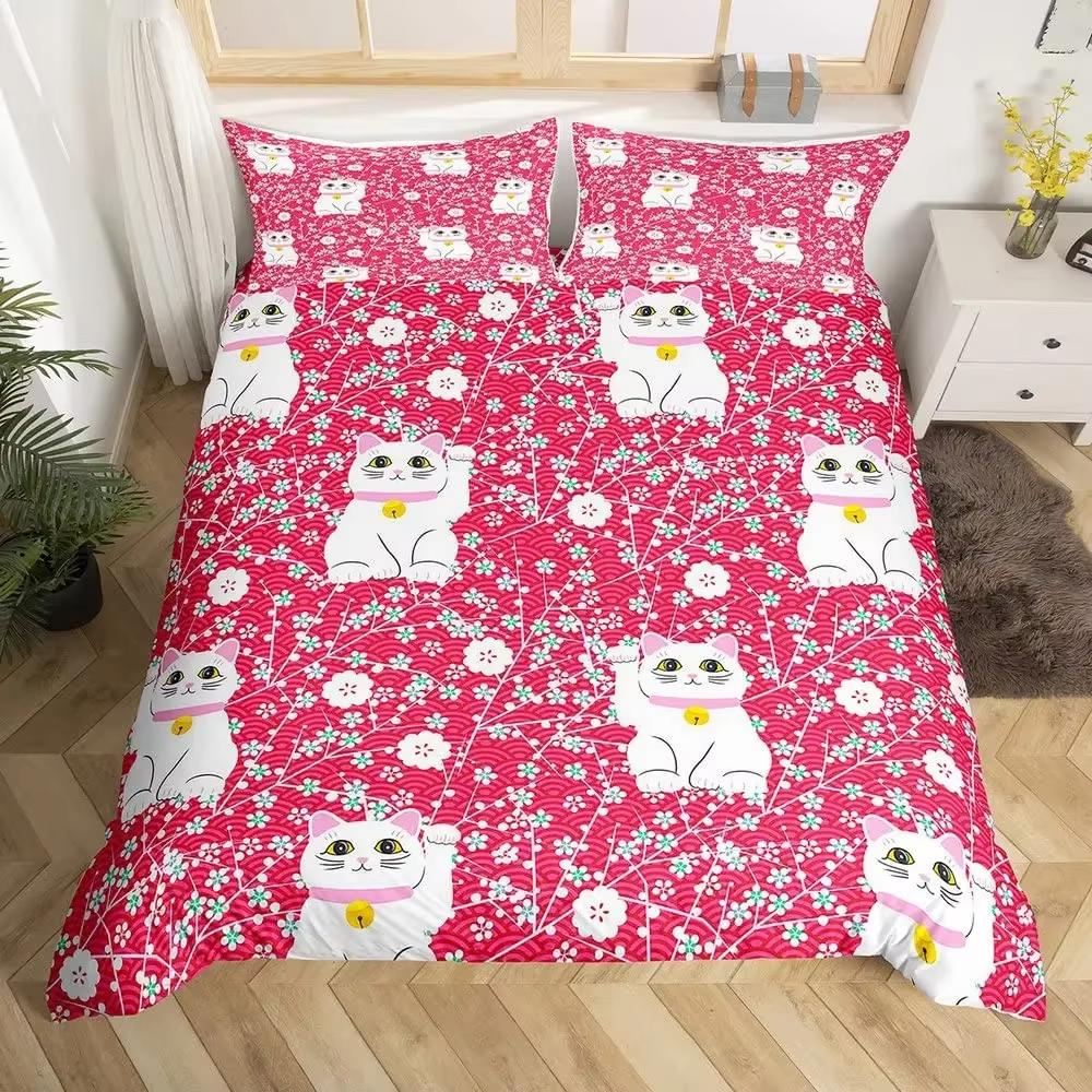Lucky Cat Duvet Cover Set Japanese Style Wave Pattern Bedding Sets Adult Kid Bedroom Exotic Decor King Comforter Cover 3Pcs Set