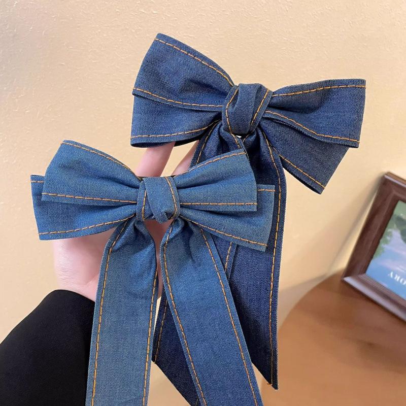 Denim Blue Ribbon Bowknot Hair Clips For Woman Girls Sweet Elegant Ponytail Hairpins Duckbill Clip Hair Accessories Gift